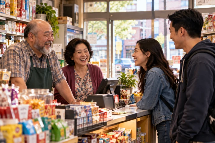 店内で店員と客が笑顔で楽しそうに会話する様子