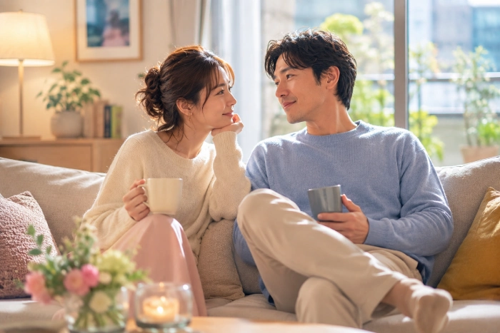 大人の男女が明るいリビングのソファで向かい合いながら微笑み、穏やかな時間を過ごしている大人向け恋愛ドラマ風のワンシーン