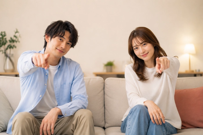 男女がそれぞれおすすめの選択肢を示しながら選び方を案内するイメージ