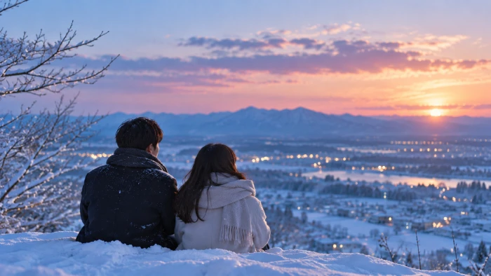 雪に覆われた丘で寄り添い、夕日に染まる山並みと街並みを眺める男女