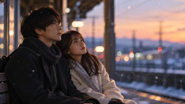 夕暮れの雪景色を背景に、駅のベンチで寄り添いながら遠くを見つめる男女