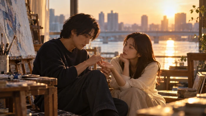夕日に染まる窓辺で、男性が女性の手にそっと触れながら見つめ合う二人