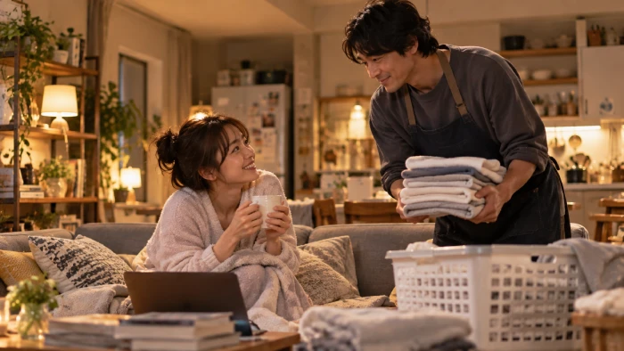 温かなリビングで、洗濯物を抱えた男性とマグカップを持つ女性が笑顔で見つめ合う
