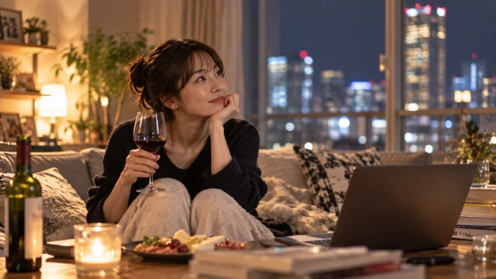 夜景を望むリビングで、ワイングラスを手にソファでくつろぎながら物思いにふける女性