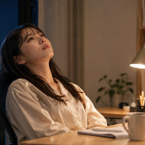 人間関係に疲れた女性が夜のデスクで椅子にもたれながら天井を見上げている様子