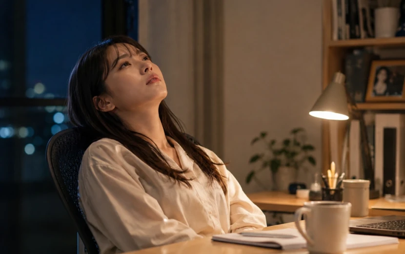 人間関係に疲れた女性が夜のデスクで椅子にもたれながら天井を見上げている様子