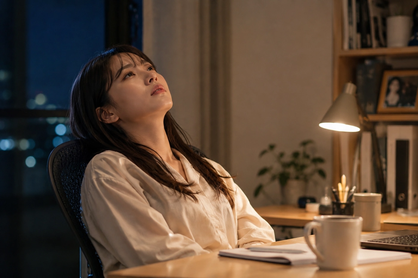人間関係に疲れた女性が夜のデスクで椅子にもたれながら天井を見上げている様子