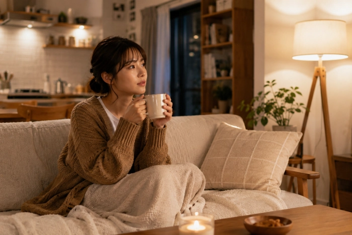 日常の中で温かい飲み物を片手にリラックスして過ごす女性