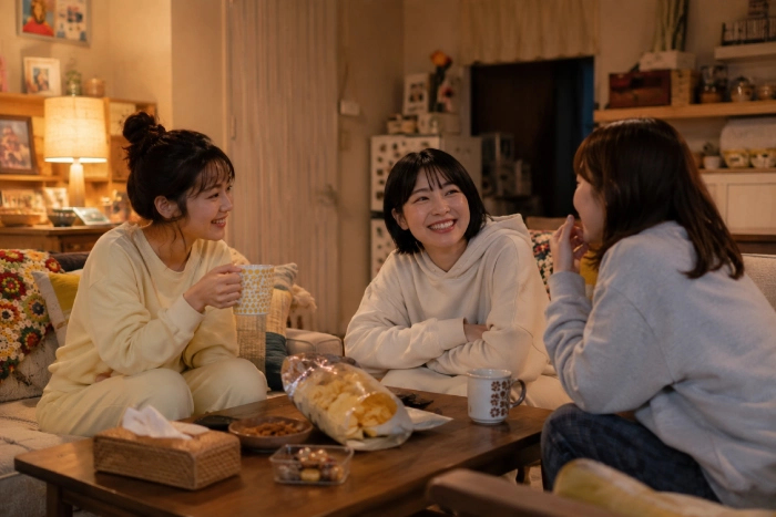 友人同士が自宅でくつろぎながら会話を楽しんでいる様子