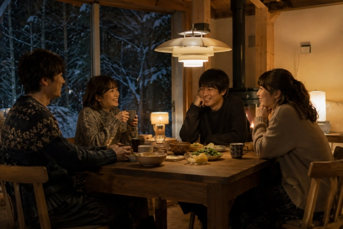冬の夜に食卓を囲みながら穏やかな時間を過ごす人たち