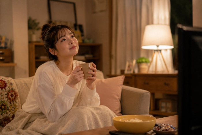 ドラマを見ながら心が癒やされ、自宅で穏やかな時間を過ごす女性