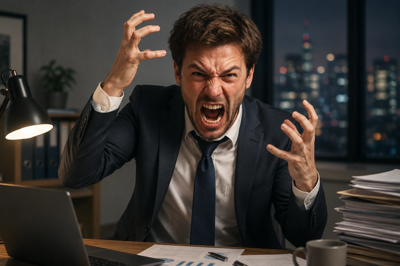 仕事の理不尽なトラブルに追い詰められ、デスクでイライラを爆発させそうになっているスーツ姿の男性
