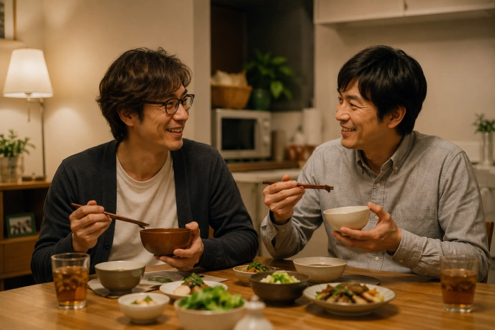 温かい食卓を囲みながら穏やかな時間を過ごす男性たち