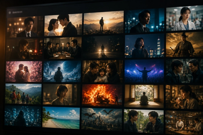 さまざまなジャンルのドラマや映画作品が一覧表示された動画配信サービスのライブラリ画面