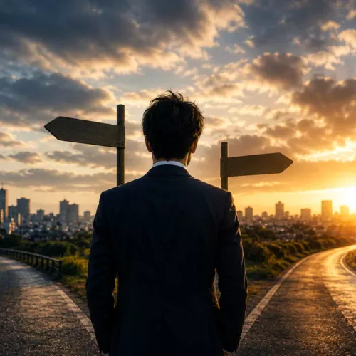 社会人として人生の選択に向き合うスーツ姿の男性