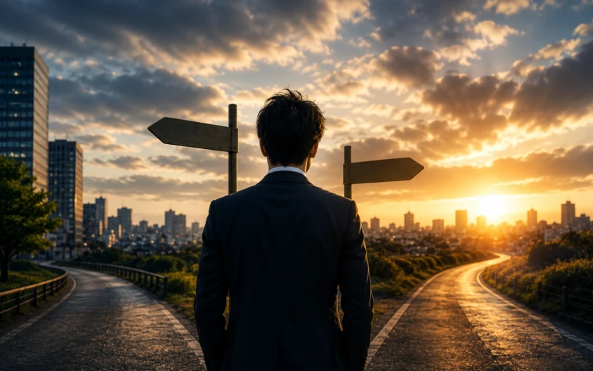 社会人として人生の選択に向き合うスーツ姿の男性