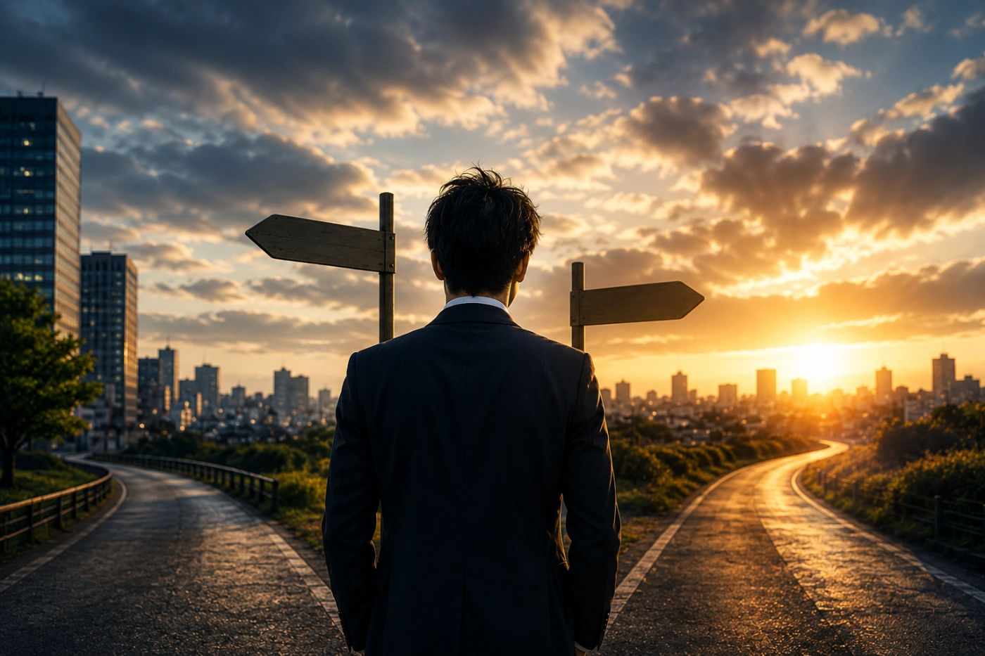 社会人として人生の選択に向き合うスーツ姿の男性