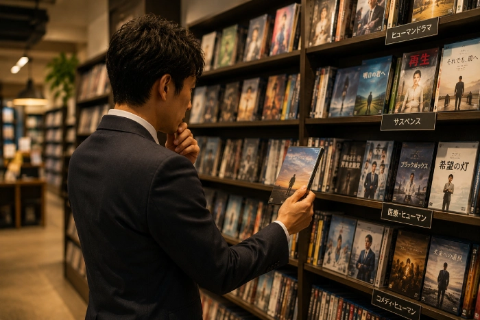 本棚の前で自分に合う作品を探す社会人男性