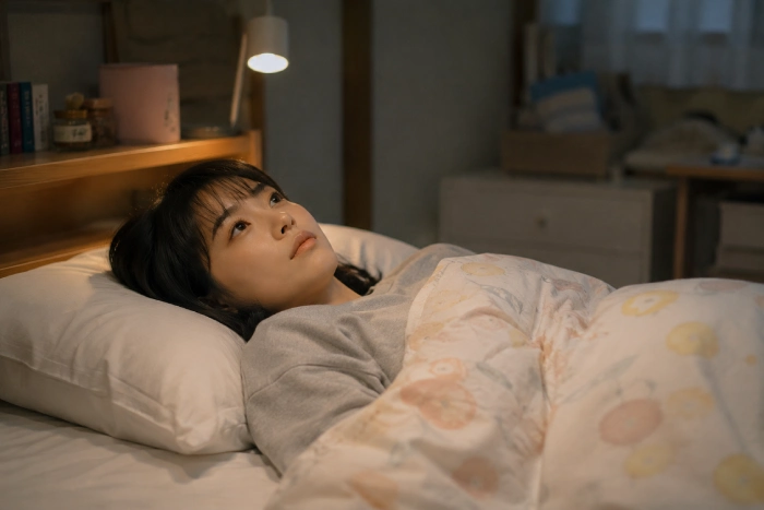 ・見出し『社会人に刺さるドラマ厳選8選』に合う画像も作成してください【構図】
・ドラマ「ブラッシュアップライフ」の世界観をイメージしたワンシーン。・アニメ調にしないでください。・画像内に文字、ロゴ、透かしは入れない・商業用ブログ記事に使用するため、完全にオリジナルで著作権侵害のない構図にしてください。夜の部屋で人生や将来について考える女性