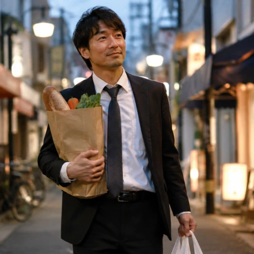 スーツ姿の30代男性が下町の商店街で買い物袋を持ち、穏やかな表情で歩いている様子