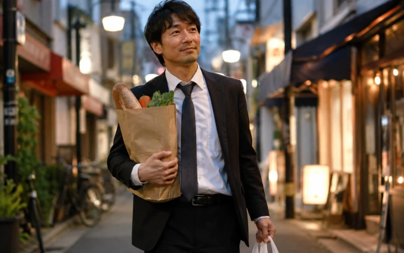 スーツ姿の30代男性が下町の商店街で買い物袋を持ち、穏やかな表情で歩いている様子