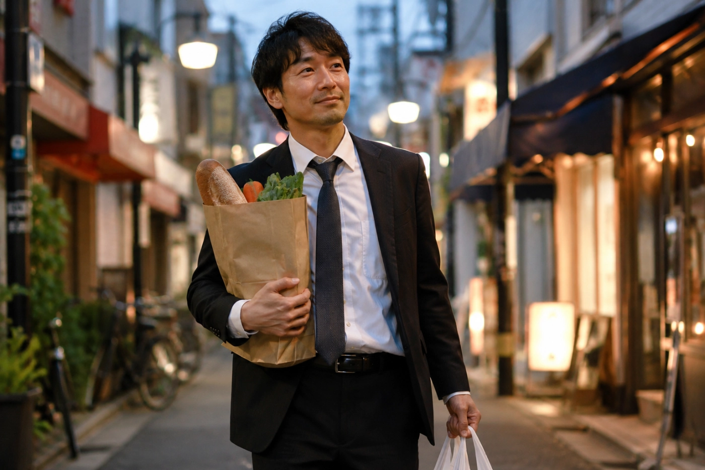 スーツ姿の30代男性が下町の商店街で買い物袋を持ち、穏やかな表情で歩いている様子