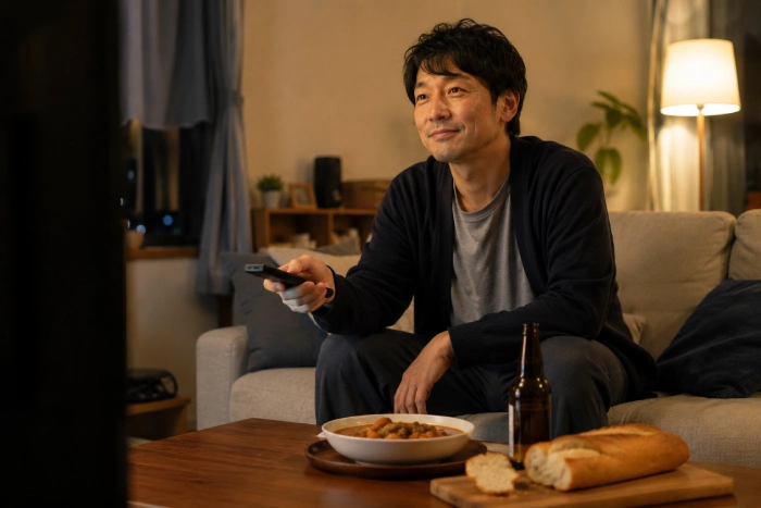 自宅のソファでくつろぎながらリモコンを手にテレビを選ぶ男性