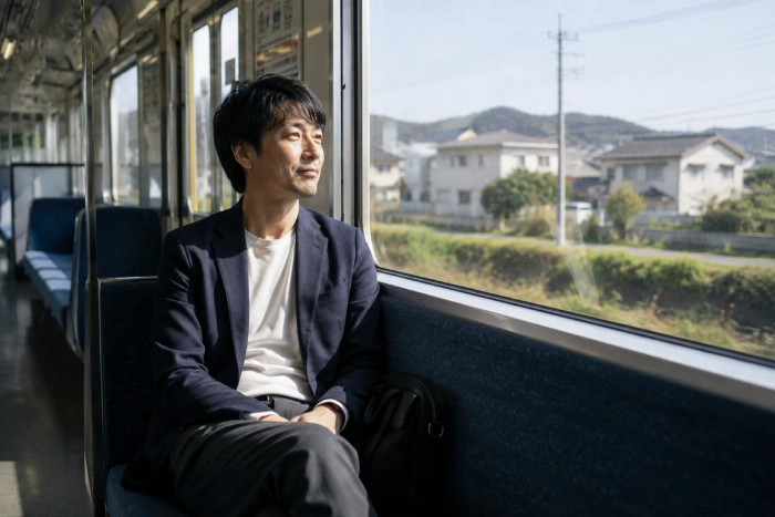 空いた電車の座席に座り、車窓を眺めながら穏やかな表情を浮かべる男性