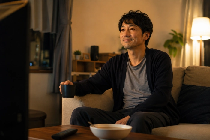 自宅でくつろぎながらドラマを見終え、穏やかな表情を浮かべる男性