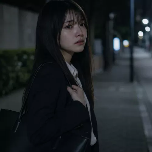 仕事帰りの夜道で立ち止まり、泣きそうな表情を浮かべる20代女性会社員の姿