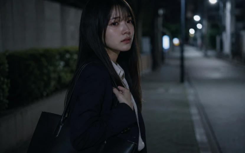 仕事帰りの夜道で立ち止まり、泣きそうな表情を浮かべる20代女性会社員の姿