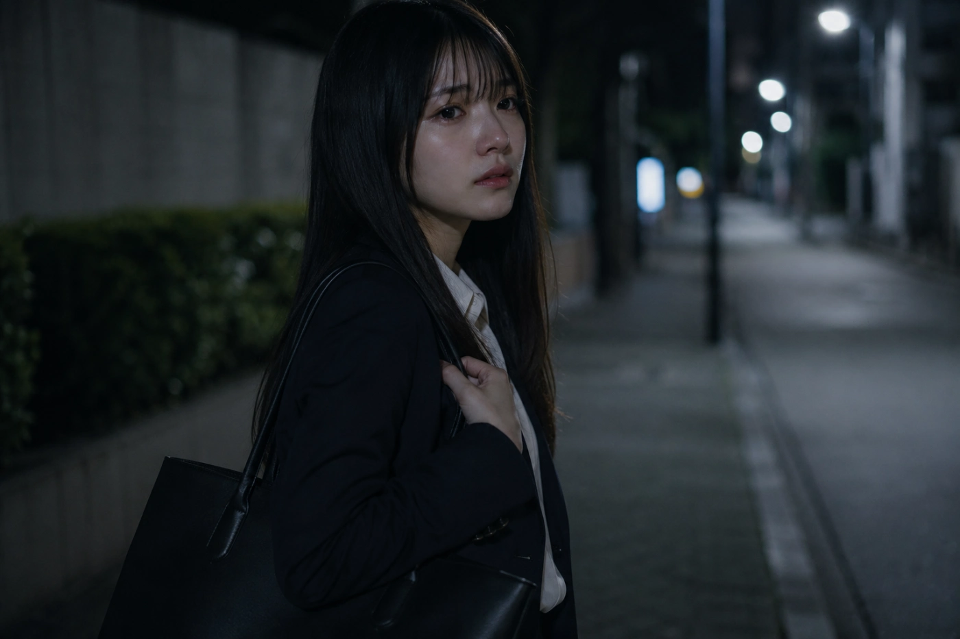 仕事帰りの夜道で立ち止まり、泣きそうな表情を浮かべる20代女性会社員の姿