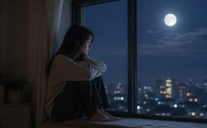 満月が見える窓辺で体育座りをしながら静かに物思いにふける若い女性
