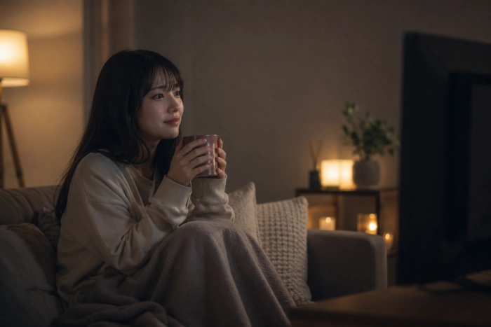 ドラマを見ながら自宅でリラックスする若い女性