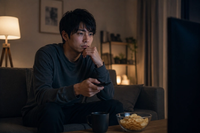 自宅でドラマを見ながら一人の時間を過ごす30代男性