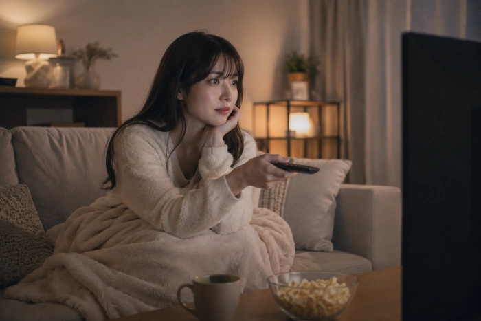 自宅でドラマを見ながらリラックスする若い女性