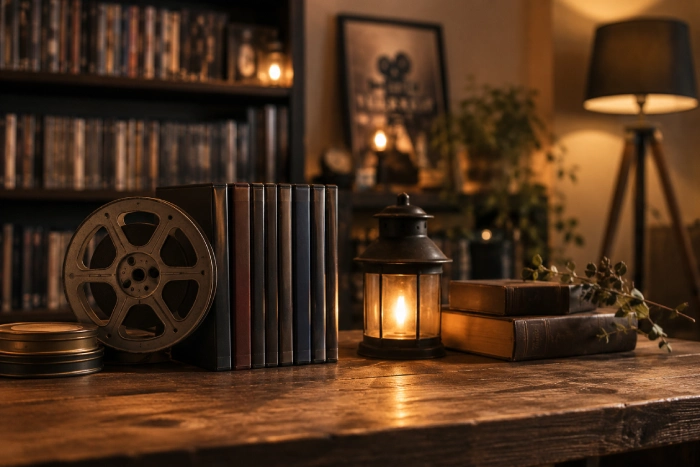 次に見る作品との出会いをイメージした映画ライブラリー風の空間