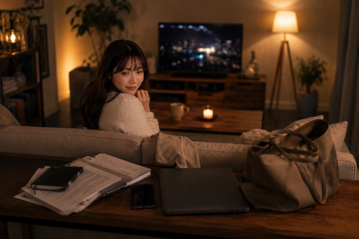 自宅でくつろぎながら明日に向き合う気持ちを取り戻した女性
