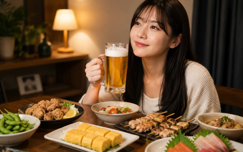 夜ごはんと晩酌を楽しみに微笑む女性と、焼き鳥や刺身などの料理が並ぶ食卓の風景