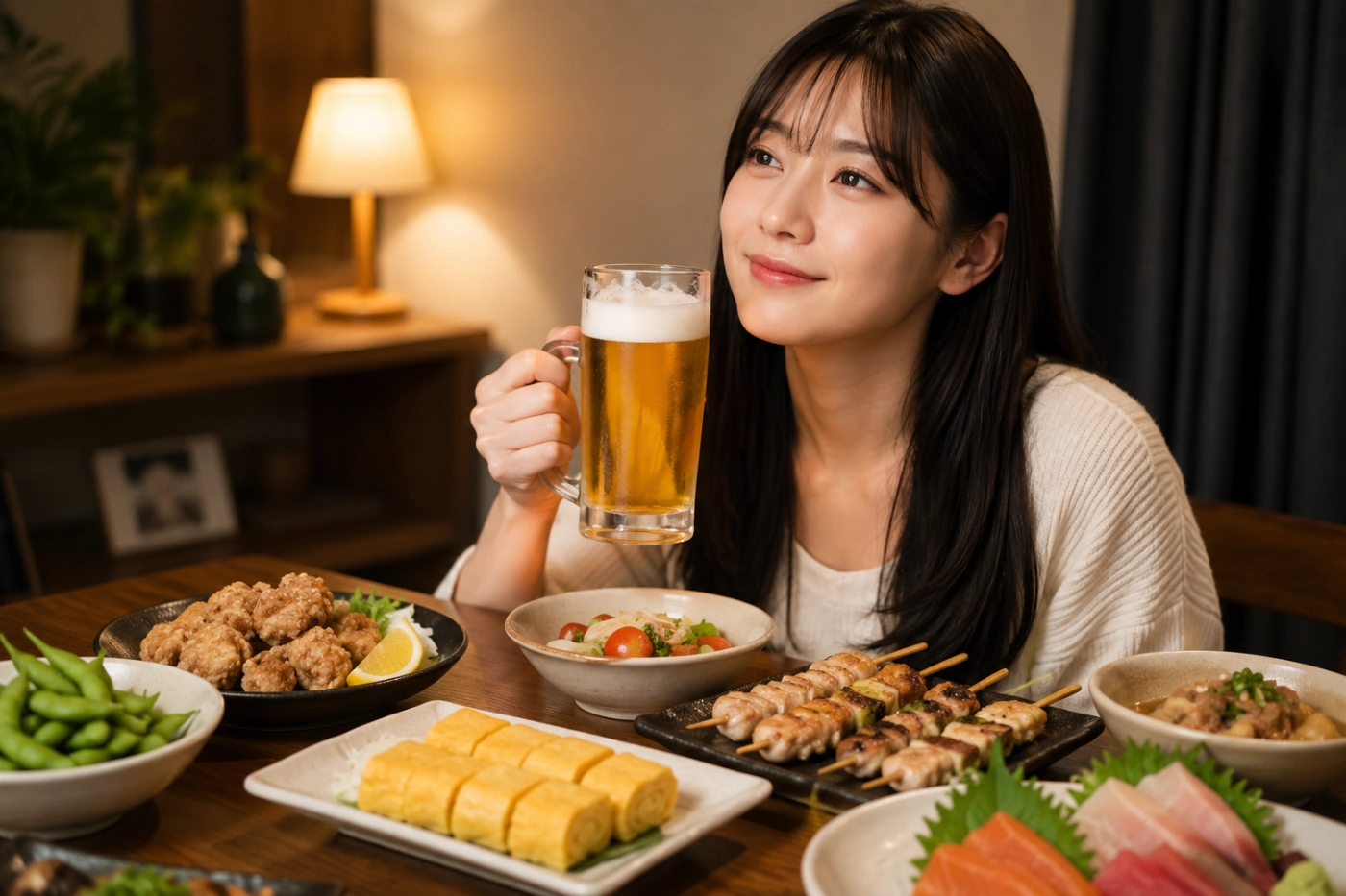 夜ごはんと晩酌を楽しみに微笑む女性と、焼き鳥や刺身などの料理が並ぶ食卓の風景