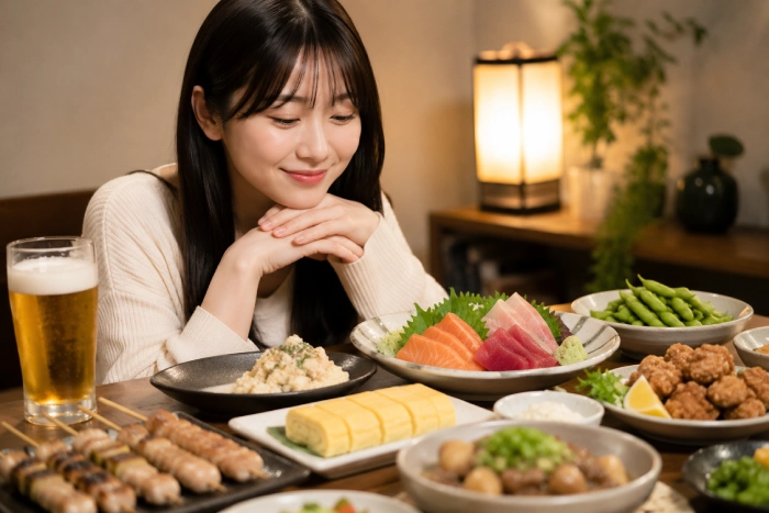 夜ごはんと晩酌を楽しみに、料理が並ぶ食卓を見つめる女性