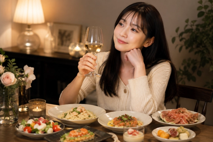 少し贅沢な料理とお酒を楽しみながら、ゆったりとした夜を過ごす女性