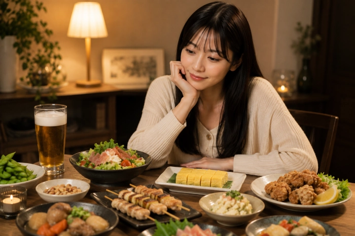 晩酌と夜ごはんを前に、どれから楽しもうか考える女性