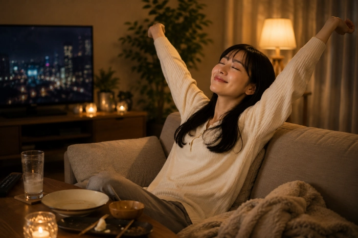 夜ごはんと動画を楽しんだあと、満足そうにくつろぐ女性