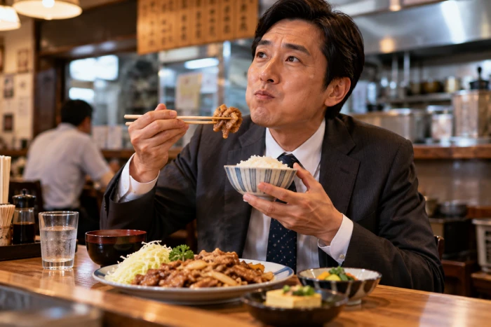 定食屋でご飯を頬張るスーツ姿の男性と料理が並ぶ店内