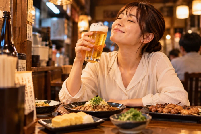 居酒屋で料理を囲みながらビールを楽しむ女性