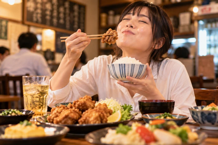 食堂で唐揚げを頬張り幸せそうに目を閉じる女性