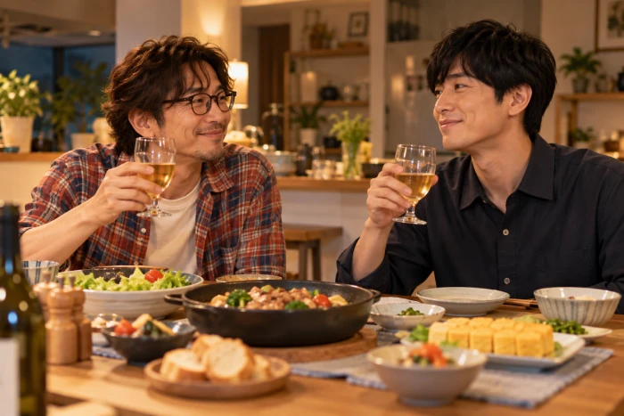自宅の食卓で料理を囲みながら乾杯する二人の男性