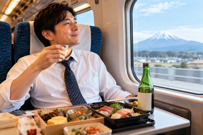 新幹線の車内で駅弁と酒を楽しむ男性と車窓の富士山