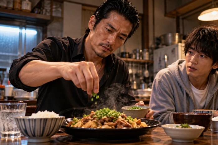 男性が料理にねぎを添え、隣の男性が見守る食卓
